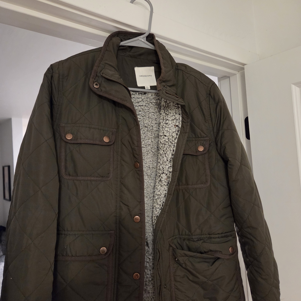 Thread & Supply Olive Green Quilted Field Jacket with Sherpa Interior